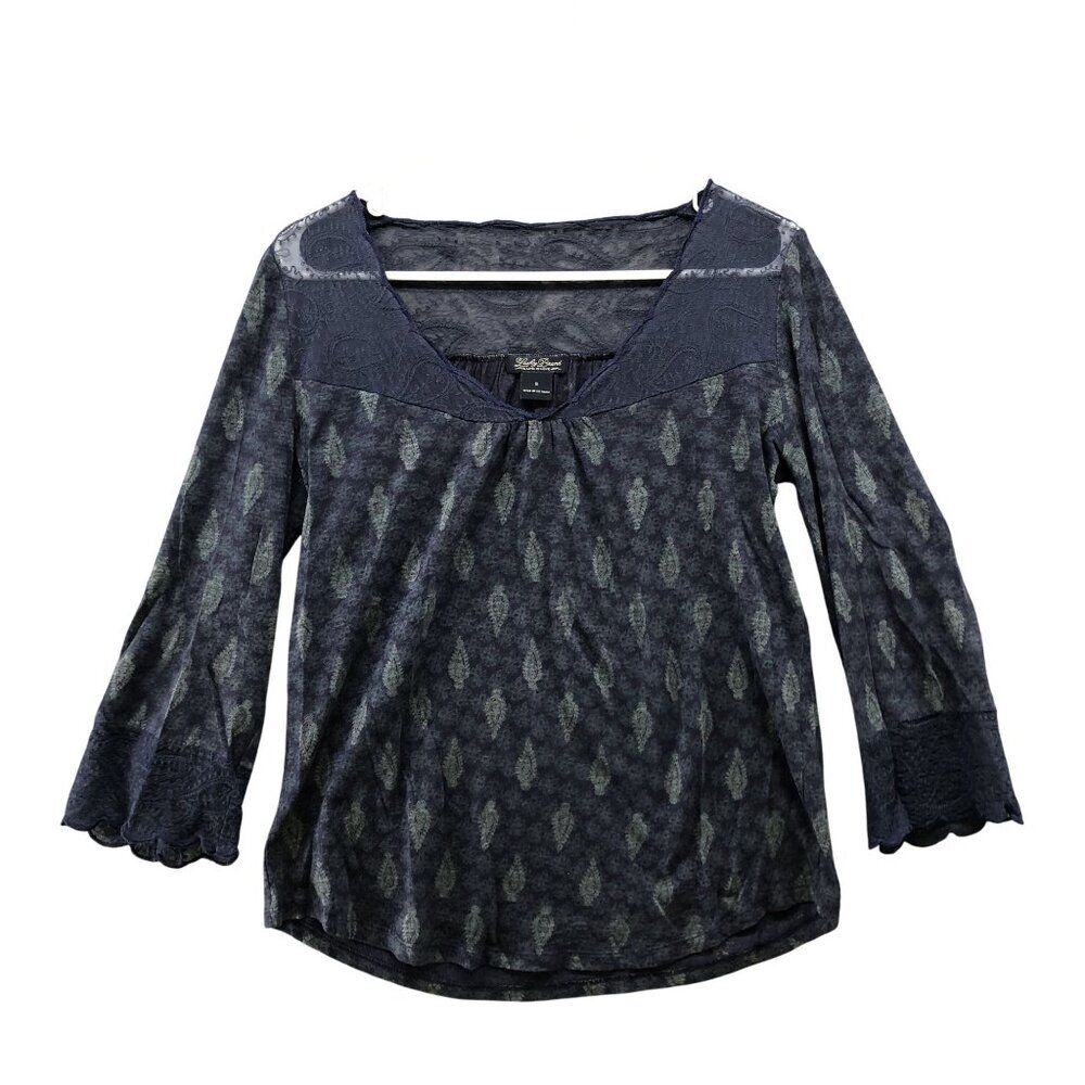 Lucky Brand Boho Top Womens S Navy Blue Lace Trim 3/4 Sleeve V-Neck Printed